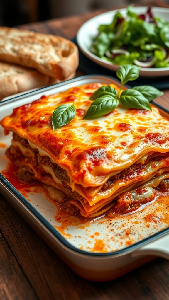 A baked lasagna with bubbling cheese, meat sauce, and fresh basil on a rustic table with salad and garlic bread.